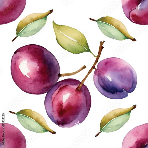 Seamless Watercolor Plum Pattern on Transparent Background.