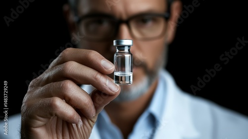 A pharmaceutical scientist holding a vial with a new vaccine formula