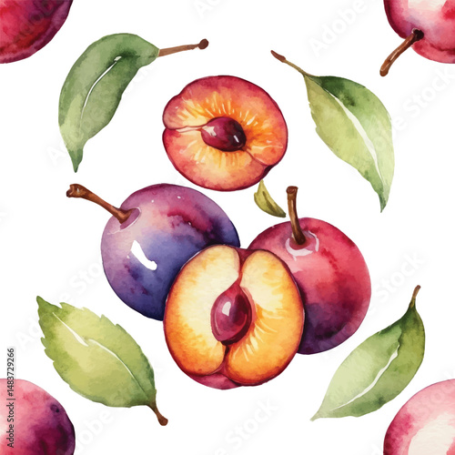 Seamless Watercolor Plum Pattern on Transparent Background.