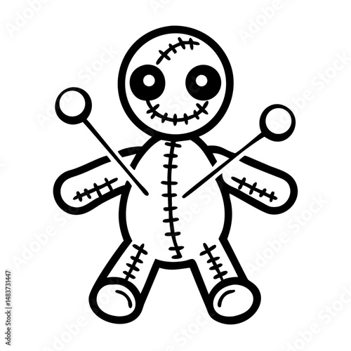 Black and white voodoo doll illustration with stitched details  