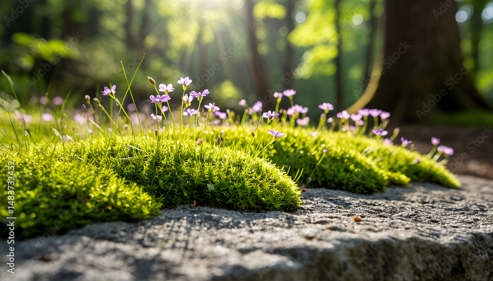 Naklejka premium Lush Green Moss Purple Wildflowers Sunlight Forest Floor