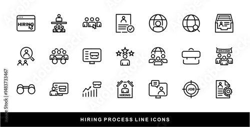Hiring Process Line Icons. Recruitment, Job Application, Interview, Candidate Selection Vector Set
