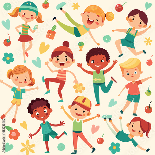 Happy kids engaging in various playful activities