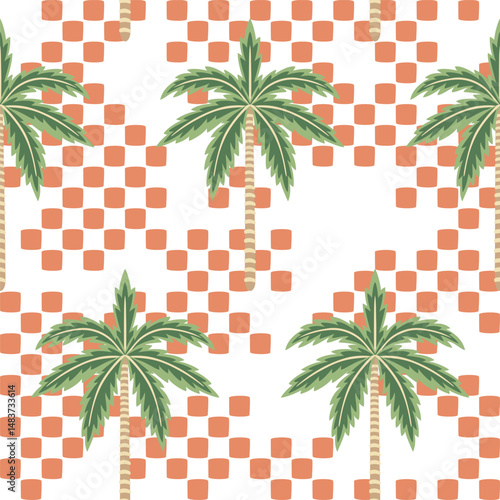 Tropical green palms seamless pattern checkered background. Summer boho jungle print.