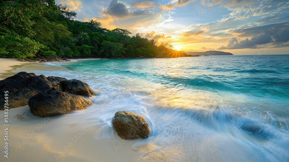 Naklejka premium Tranquil beach scene at golden sunset.