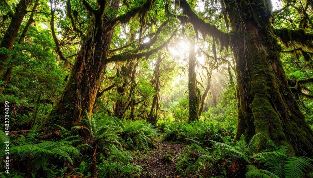 Fototapeta premium Ancient rainforest with towering trees and glowing green canopy