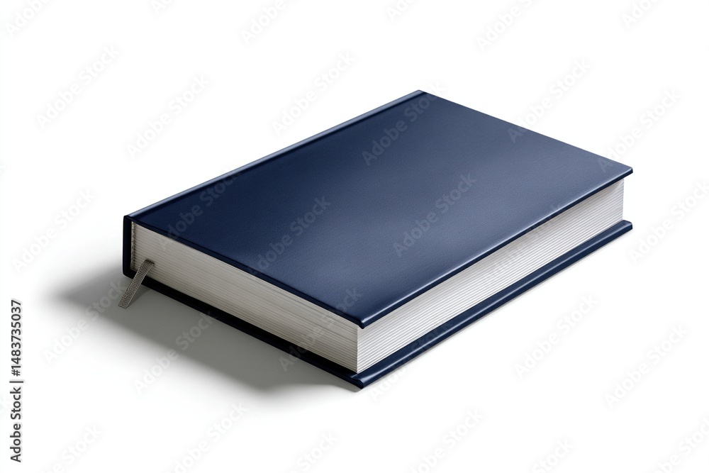 Still life of a closed, hardcover book with a dark blue cover and a bookmark. Still life of a closed, hardcover book with a dark blue cover and a bookmark.