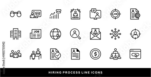 Hiring Process Line Icons. Recruitment, Job Application, Interview, Candidate Selection Vector Set