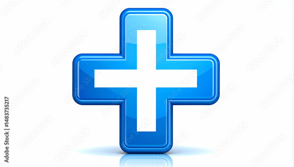 Fototapeta premium Glossy blue cross symbol with a clean white background, health concept