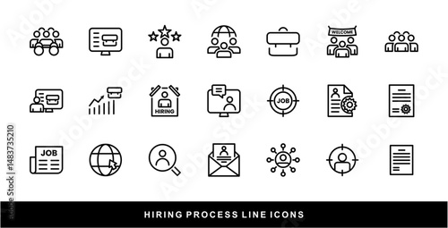Hiring Process Line Icons. Recruitment, Job Application, Interview, Candidate Selection Vector Set