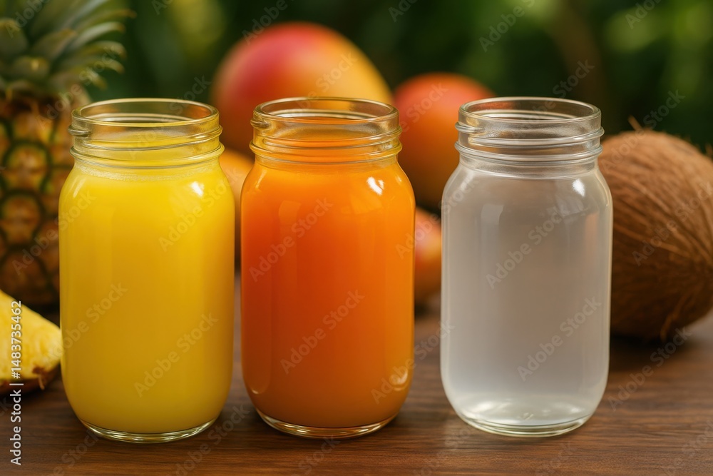Pineapple juice, mango juice, and coconut water served in glass jars with fresh fruits in the background on wooden table
Pineapple juice, mango juice, and coconut water served in glass jars with fresh fruits in the background on wooden table