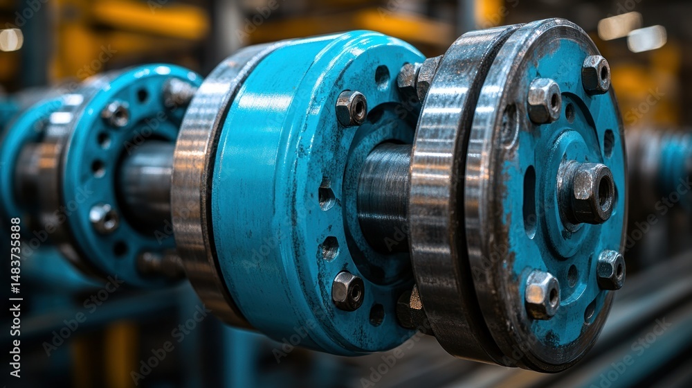 Fototapeta premium Industrial machine components with blue couplings