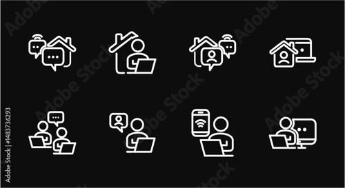 Remote Work Line Icons . Freelancer Work from Home, Video Call, Online Meeting, Teleconference Vector Set