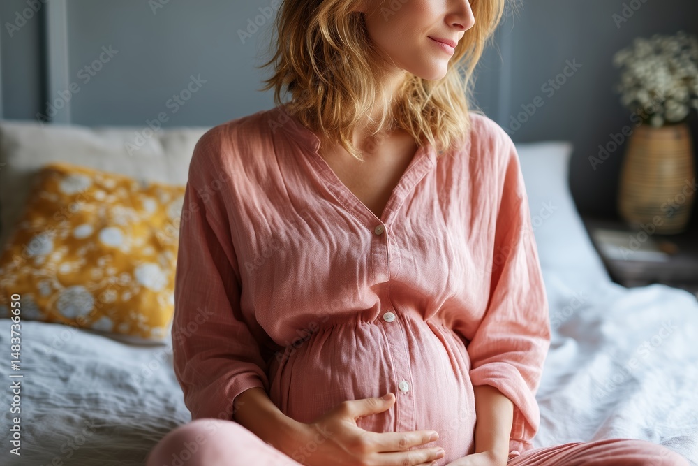 Expecting mother relaxing on a bed in cozy pink loungewear with hands on her belly during morning light