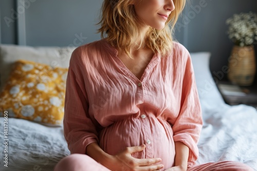 Obraz na płótnie Expecting mother relaxing on a bed in cozy pink loungewear with hands on her belly during morning light w salonie