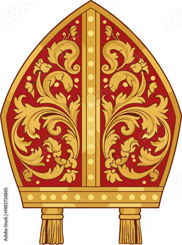 Baroque Style Bishop Mitre Vector Illustration – Red and Gold Catholic Clerical Hat with Tassels and Ornamental Floral Design