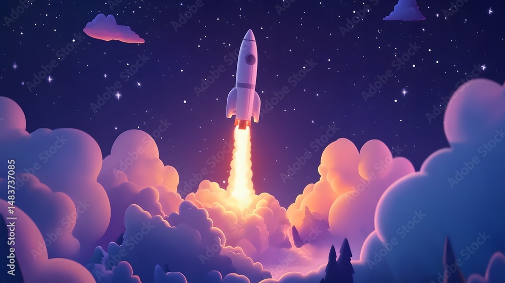 Naklejka premium Digital illustration of a rocket launching amidst fiery clouds under a starry night sky.