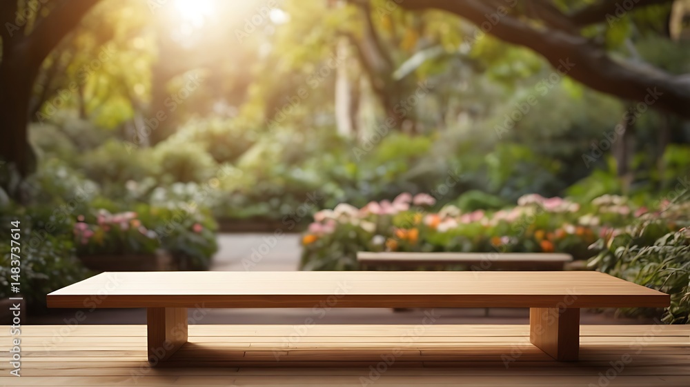 Empty Table On Wooden Deck With Beautiful Garden Background Ready Empty Table On Wooden Deck With Beautiful Garden Background Ready