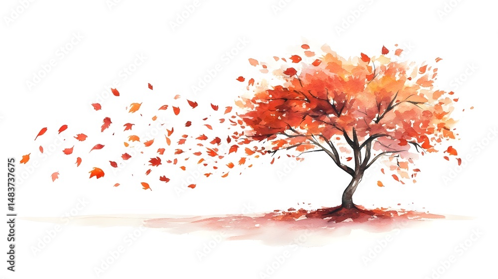 Fototapeta premium Watercolor painting depicts a tree with falling red leaves against a soft, blurred background.