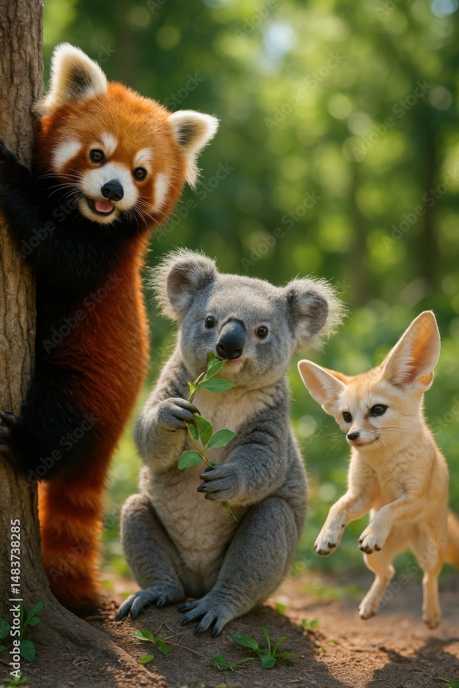 Obraz premium Red panda clinging to tree, koala nibbling leaf, and fennec fox leaping joyfully in playful forest scene