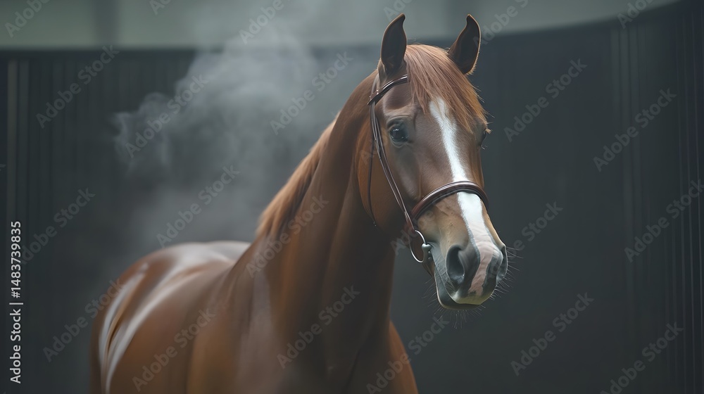 Fototapeta premium Stunning Chestnut Horse Portrait in Stable with Smoke