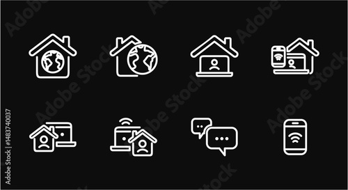 Remote Work Line Icons . Freelancer Work from Home, Video Call, Online Meeting, Teleconference Vector Set