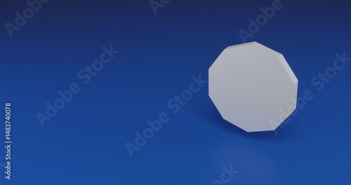Isolated realistic white decagon symbol with shadow. Located on the right side of the scene. 3d illustration on transparent background