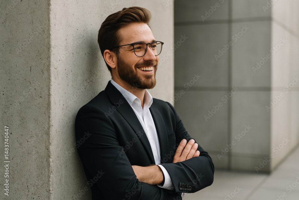 Man in glasses leaning against wall. Man in glasses leaning against wall.