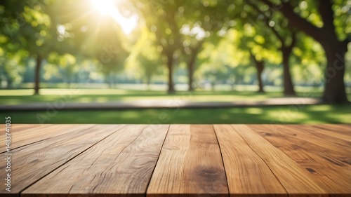 Wooden Tabletop With Blurred Background Of Park And Sunny Day