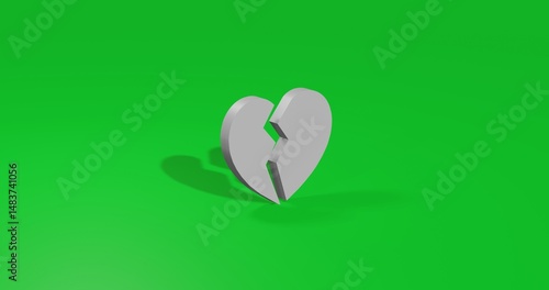Isolated realistic white broken heart symbol front view with shadow. 3d illustration on green chroma key background