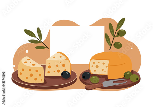 Celebrate National Cheese Day! A charming arrangement of cheese wedges and olives on a rustic platter. Perfect for food, lifestyle, and culinary themes.