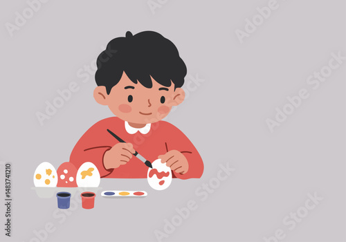 A young boy happily paints Easter eggs with brushes and colorful paints. A cheerful scene celebrating Egg Day 2025. Bright, playful illustration.