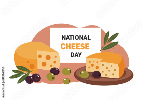 Celebrate National Cheese Day! A vibrant illustration showcases delicious cheese wedges with olives and herbs, set against a modern background. Perfect for food marketing and promotions.