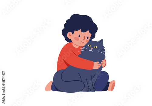 A cheerful child hugs a gray cat on a bright, colorful background. ?Hug Your Cat Day? text overlay. Warm, inviting illustration suitable for social media and marketing.