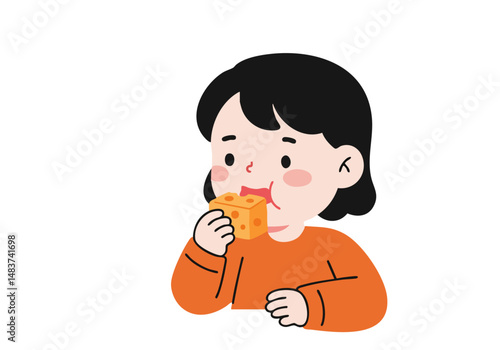 Cute girl enjoys a block of cheese on National Cheese Day. Simple, cheerful illustration with soft colors and a playful design. Perfect for food, celebration, and children themes.