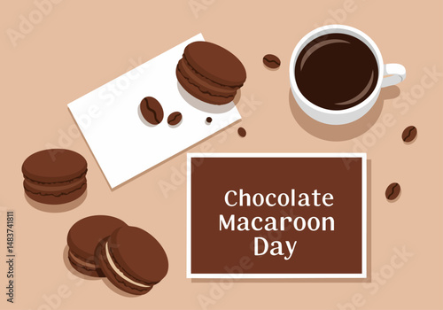 A delicious chocolate macaron and coffee set, perfect for a sweet treat.  Stylish flat lay composition with a 'Chocolate Macaron Day' graphic. Ideal for food, dessert, and lifestyle imagery.