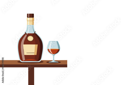 Elegant cognac bottle and glass on a table, celebrating Cognac Day 2025. A sophisticated, stylized illustration with a modern aesthetic.
