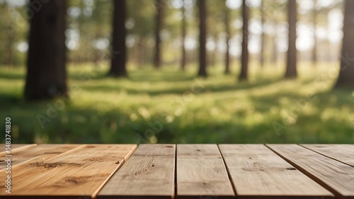 Wooden Table Background With Green Forest Landscape In Bright Sunlight