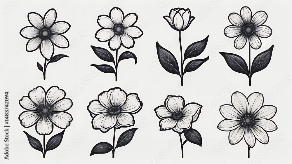 Obraz premium A collection of eight grayscale flower illustrations on a plain white background surface