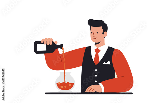 A stylish bartender pours cognac into a glass, showcasing a sophisticated drink. Modern illustration with a focus on detail and color.