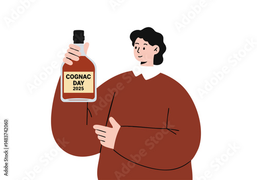 A stylish young man holds a cognac bottle, wearing a branded sweater. Celebrating Cognac Day 2025 with a modern, illustrated design. Warm, inviting, and commercially appealing.