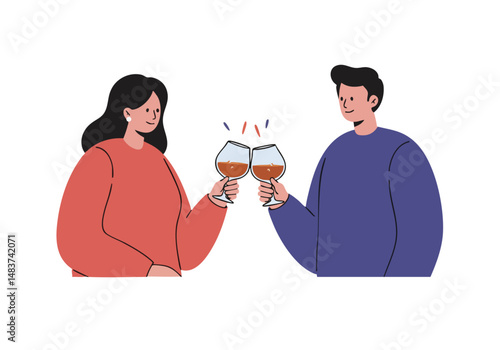 A stylish couple toasts with cognac in a modern illustration. Celebrating Cognac Day 2025 with a warm, inviting design. Perfect for marketing and branding.