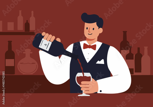A stylish bartender pours cognac into a glass, celebrating Cognac Day. A warm, inviting scene with a classic bar setting. Perfect for promotional materials.