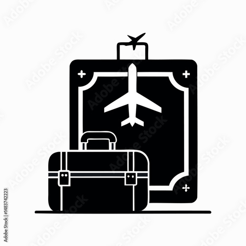 Striking black silhouette vector icon of Hajj travel—a sleek fusion of a suitcase and airplane. Perfect for Islamic pilgrimage branding, Muslim travel agencies, and religious event materials. Crisp, s