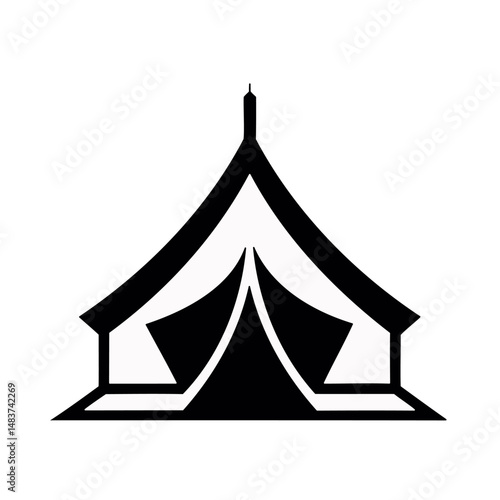 "Minimal black silhouette vector of a standalone Mina tent, representing Hajj pilgrimage accommodation. Clean, scalable design perfect for Islamic event graphics, Hajj guides, and religious travel pro
