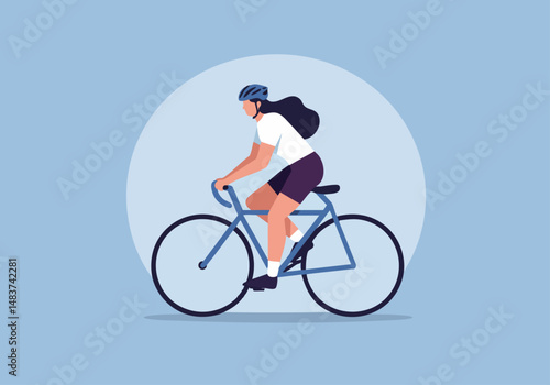 A woman rides a bicycle on Bicycle Day 2025.  A modern, flat illustration depicts her cycling outdoors.  Bright, cheerful design.