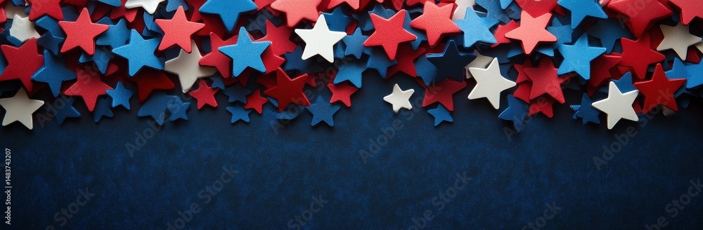 Fototapeta premium Red White Blue Star Confetti on Dark Blue Glitter Background