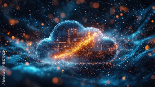 Digital Cloud Technology with Abstract Cityscape and Sparkling Lights