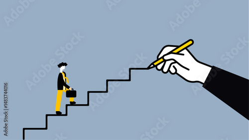 Hand drawing career direction path and employee walking in the path illustration