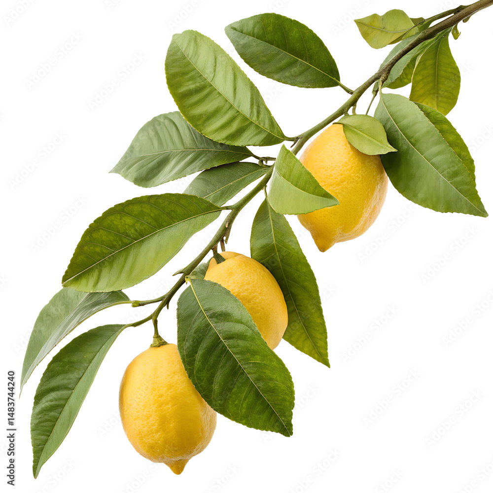 Organic lemons hanging on a leafy branch isolated on transparent backdrop Organic lemons hanging on a leafy branch isolated on transparent backdrop